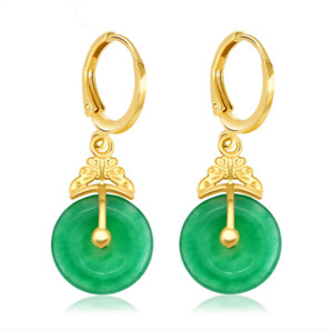 Authentic Yellow Gold Plated Butterfly Green Jade Peace Buckle Huggie Hinged Hoop Earrings