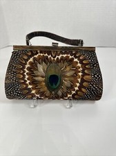 Vintage Peacock Plumage & Pheasant Bird Feather Structured Handbag Clutch Purse