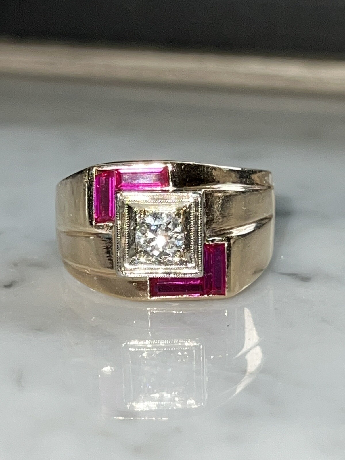 1950’s Men’s 14k Diamond & Ruby Pinky Ring Gem