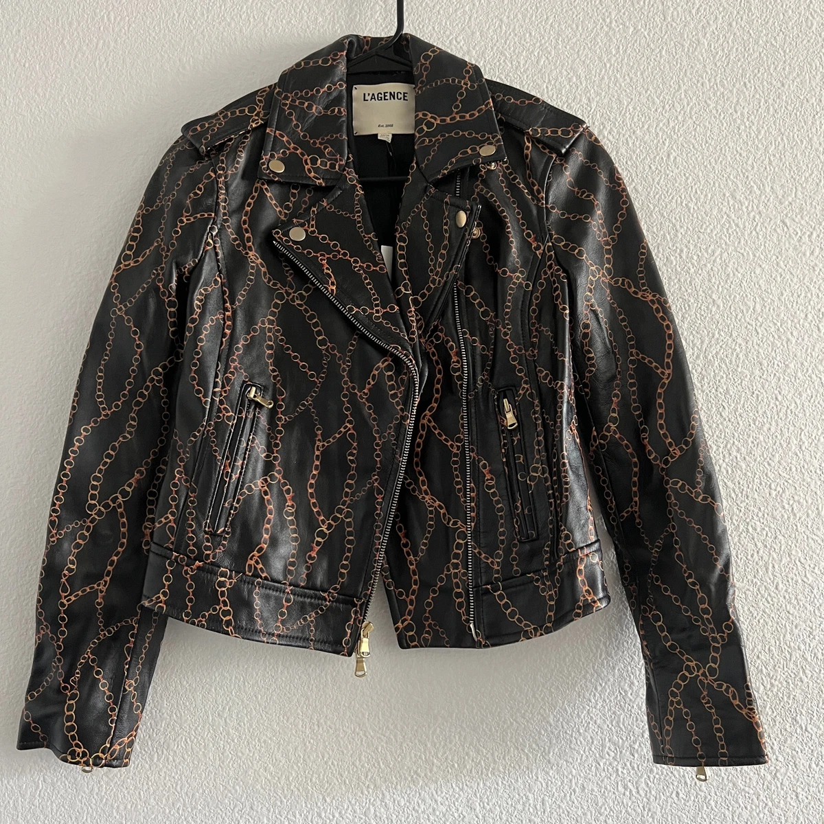 Women’s Black Printed Leather Biker Jacket