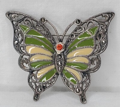 Vintage Sterling Silver Butterfly Brooch Green Yellow Enamel Wings Figural Pin 
