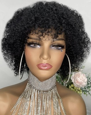 Perruque Afro Crépus Court Frange - Cheveux Humains Indiens - Noir - Neuf