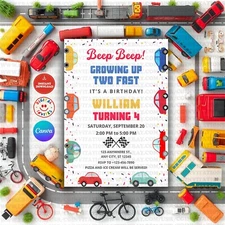 Editable Cars Birthday Invitation, Honk, Beep, Choo Choo, Train, Truck Template