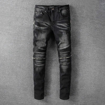 Men's Punk Style Black Biker Pants Elastic Cloth Slim Jeans New