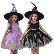 Girls Witch Costume Child Halloween Wicked Fancy Dress Outfit Scary Kids 1-10Y