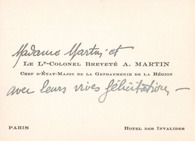 ALTE VISITENKARTE STABSCHEF GENDARMERIE LT OBERST A.MARTIN