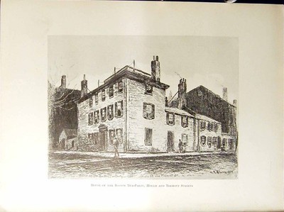 Antiker Druck Boston um 1896 Henry Blaney House Tea Party Hollis Tremont Stre