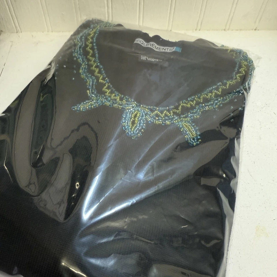 ~Tamanho L~ REQUISITOS Marca Malha Preta com Acabamento de Contas Turquesa Boho Lindo! - Imagem 4 de 4