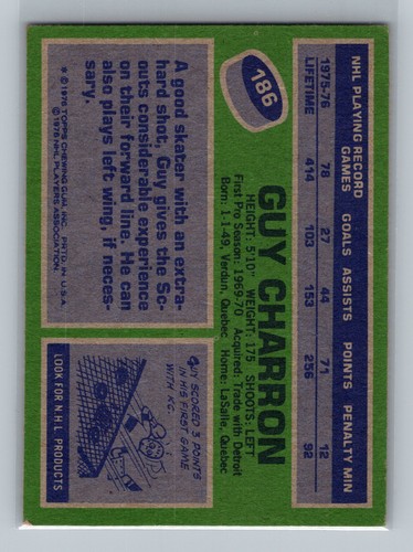 1976-77 Topps #186 Guy Charron Kansas City Scouts - Picture 2 of 2