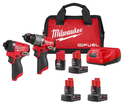 New Milwaukee 3497-22 M12 FUEL Brushless Hammer Drill & Impact Driver 4-Batt Kit