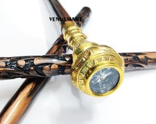 Antique Compass Handle Walking Stick Carved Wooden Cane For Men Women Gift Item