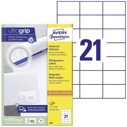 Avery Zweckform 3652 Address Labels A4 Matte Paper 2,100 Labels 70 x 42 ...