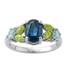 Sterling Silver London Blue, Swiss Blue, White Topaz and Peridot Ring