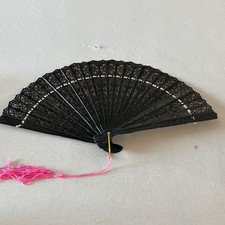 Antique Vintage Hand Fan Plastic Celluloid Black 1930s Hong Kong