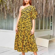 FARM Rio Black & Yellow Spotted Midi Dress One Shoulder "Black Spotted Bananas"