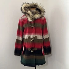 BB DAKOTA Medium Stripe Jacket Faux Fur Hood Southwest Boho Blanket Coat