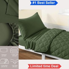 Microfiber Toddler Bedding Set 4 Piece Olive Quilted Comforter Flat Fitted