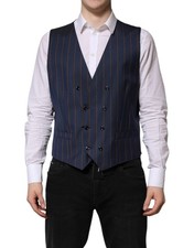 Dolce & Gabbana Blue Stripes Wool Formal Men Waistcoat Men's Vest Authentic