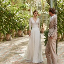 Boho Wedding Dresses Lace 3/4 Sleeves Beach V Neck Cut Out Back Bridal Gowns