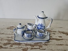 Vintage Andrea By Sadek Blue White Mini Tea Set Flower Tray Cup Saucer Dollhouse