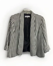 Kasper Women's 6 Houndstooth Knit Jacket Open Front 3/4 Sleeve Lined Black White