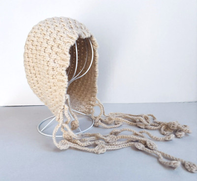 Hand knit Beanie Hat W/Tassel On Two Side Beige Adults E1-476