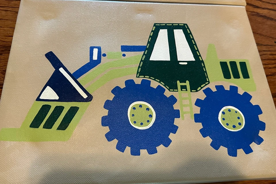 Set Of 4 Blue and green construction trucks painted artwork EUC 9x12 - Image 3 of 4