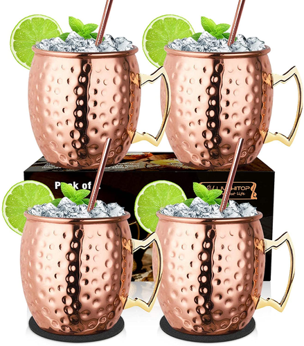 Moscow Mule Mugs Set of 4, Handcrafted Copper Cocktail Cups Kit 19.5 Oz with Coa