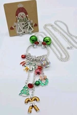 Christmas Charm Necklace & Earring Silver tone Lot Set 3 pc Holiday Jewelry 