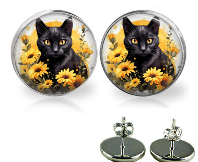 Watercolor Art Print Black Cat Flower Garden Stud Earrings Black Cat Mom Gift