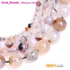 Natural Round Gray Agate Dendritic Stone Spacer Beads for Jewelry Making DIY 15"