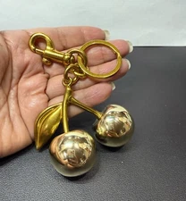 Large 30mm Metallic Shiny Gold Tone Cherry Keychain Hang Tag New