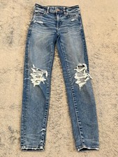 American Eagle Jeans Womens 00 High Rise Jeggings Distressed Stretch Med Wash