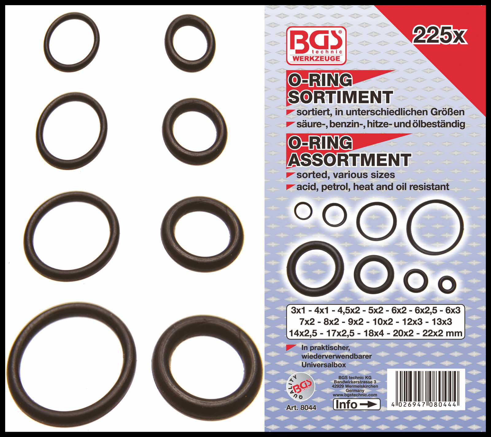 BGS - NBR Rubber, Acid, Petrol, Heat, Oil, O Ring Assortment Ø 3-22 mm - 8044