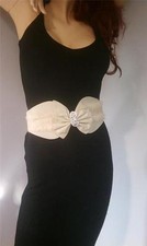 WOMEN CREAM WAIST FASHION ELASTIC ELEGANT BOW BELT WITH FUR AND RHINESTONE