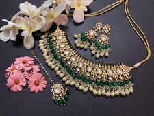 Kundan Choker Necklace Set, Emerald Green, Bridal Jewelry