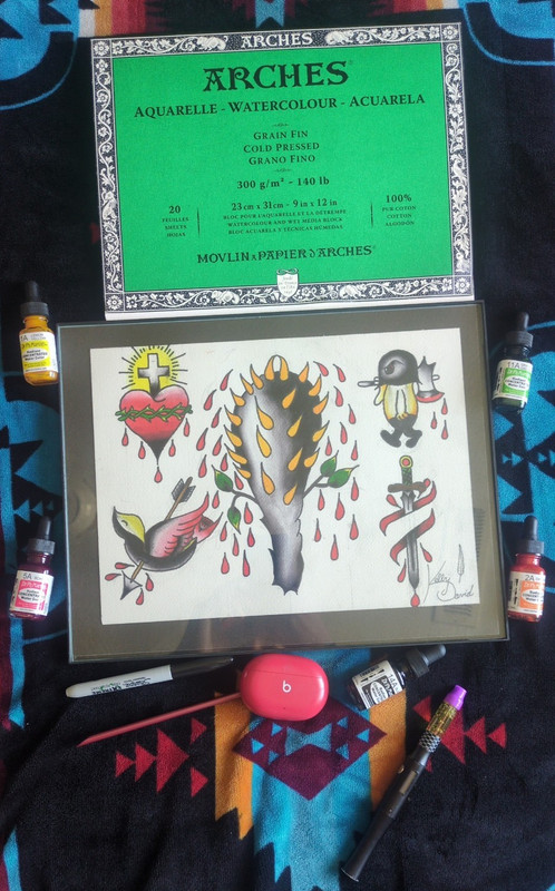 Arches Aquarelle Watercolor Paper Framed Traditional Tattoo Flash Original Art