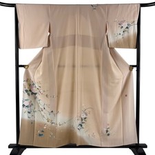 Japanese Silk Houmongi Kimono M 156cm Beige Camellia Grass and flowers Gradation