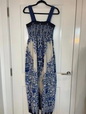 Blue White Baroque Maxi Dress Womens 12 Smock Bodice Boho Summer Holiday