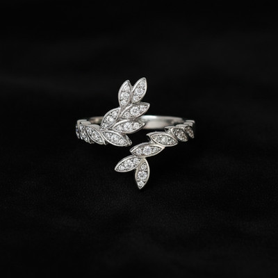 0.51 TCW Round Moissanite Stone Leaf Motif Ring Bypass Shank Nature Inspire Ring