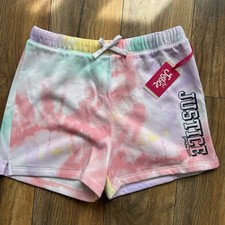 Justice girls Shorts XL 16P-18P glitter logo tiedye graphic fleece New Tags