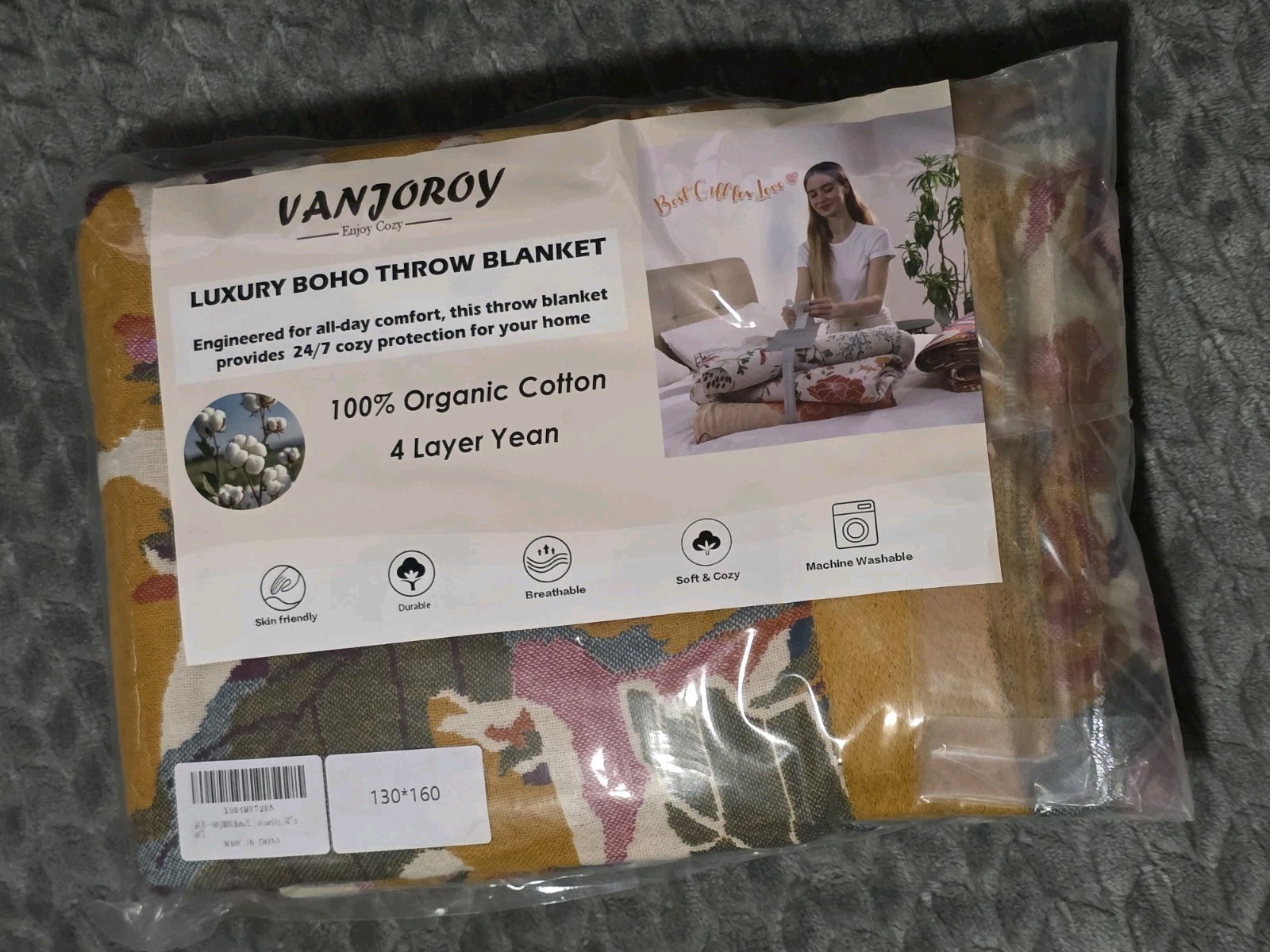 VANJOROY Boho Throw Blanket, 100% Organic Cotton Ultra Soft 