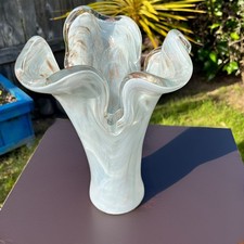 Murano Style Hand-Blown Art Glass Handkerchief Vase Blue Orange Swirl — listing 4