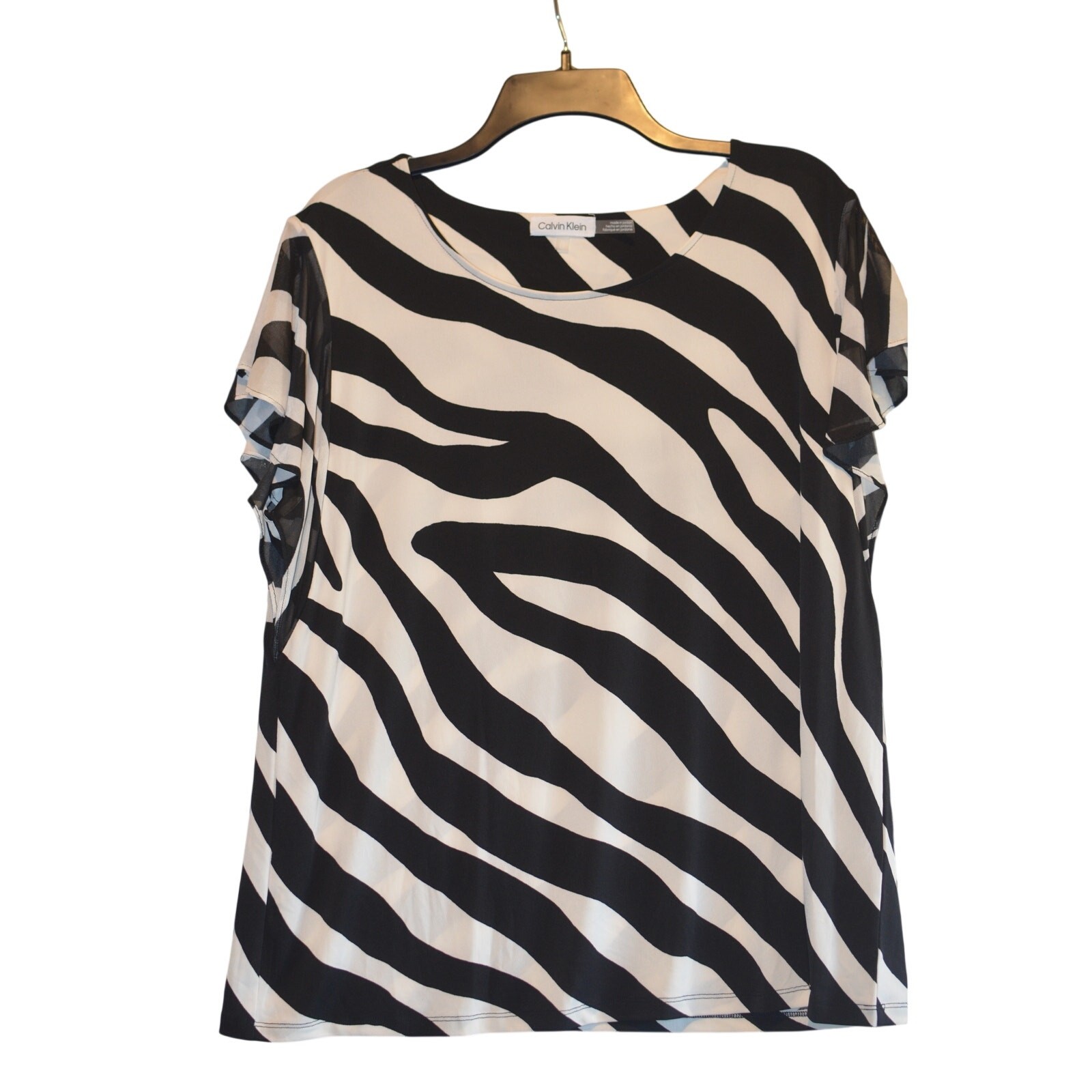 Calvin Klein Women's Flutter Sleeve Top in Black & White Animal Print thumbnail 2