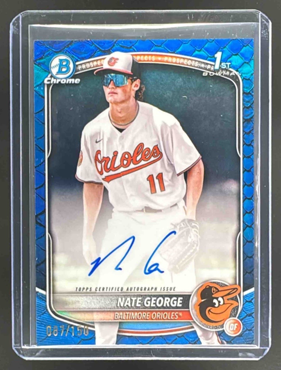 Nate George 2025 Bowman Chrome Blue Reptilian Refractor Auto 1st RC /150