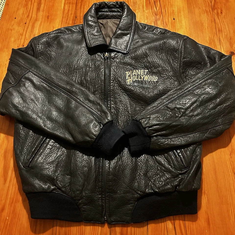 Jaqueta de voo bombardeiro reversível vintage anos 90 Planet Hollywood couro tamanho: grande - Imagem 2 de 4