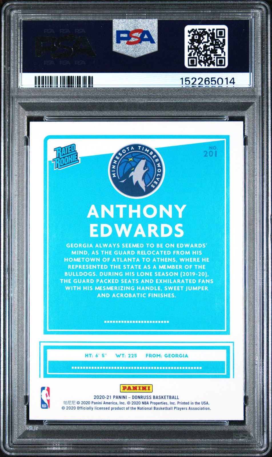 2020 PANINI DONRUSS ORANGE LASER #201 ANTHONY EDWARDS ROOKIE RC PSA 9 view 2