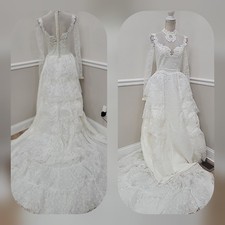 VTG 70s Alfred Angelo Bridallure Lace Wedding Dress Prairie Boho Civil War W14