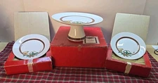 VTG GEORGE BRIARD THE HUNT WINTER CAKE PEDESTAL W/ 8 PLATES PLAID GOLD HORN 