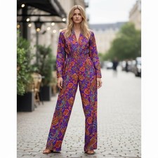 Joan Walters Jumpsuit Vintage 90s Purple Paisley Retro Rayon Size 12